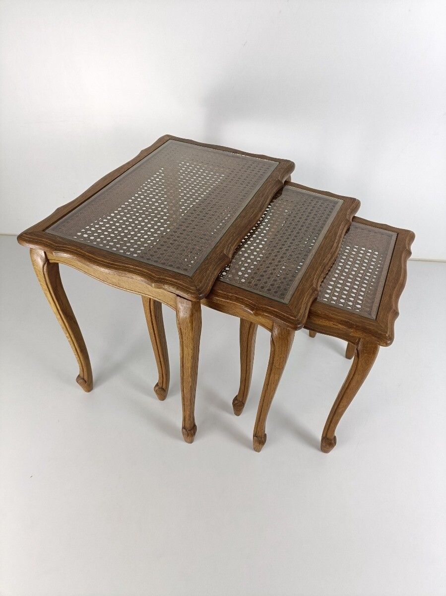 Set Of 3 Wooden Nesting Stacking Side Tables  Rush Glass Barn Country  Farmhouse photo for sale