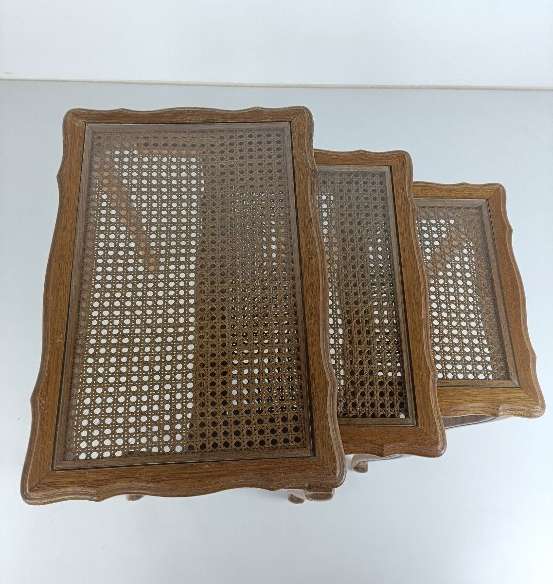 Set Of 3 Wooden Nesting Stacking Side Tables  Rush Glass Barn Country  Farmhouse photo vintage
