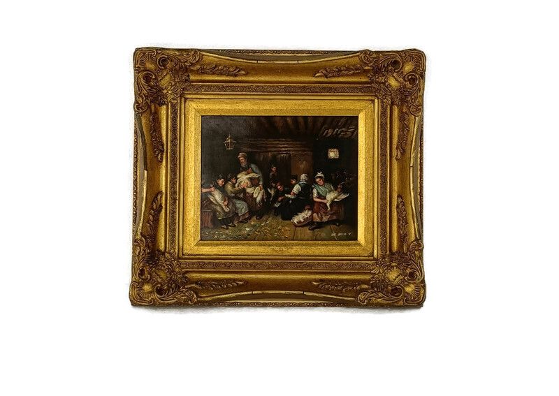 Oil Painting On Wood  Gorgeous Wood And Plaster Frame Signed De Belie V. Peasant