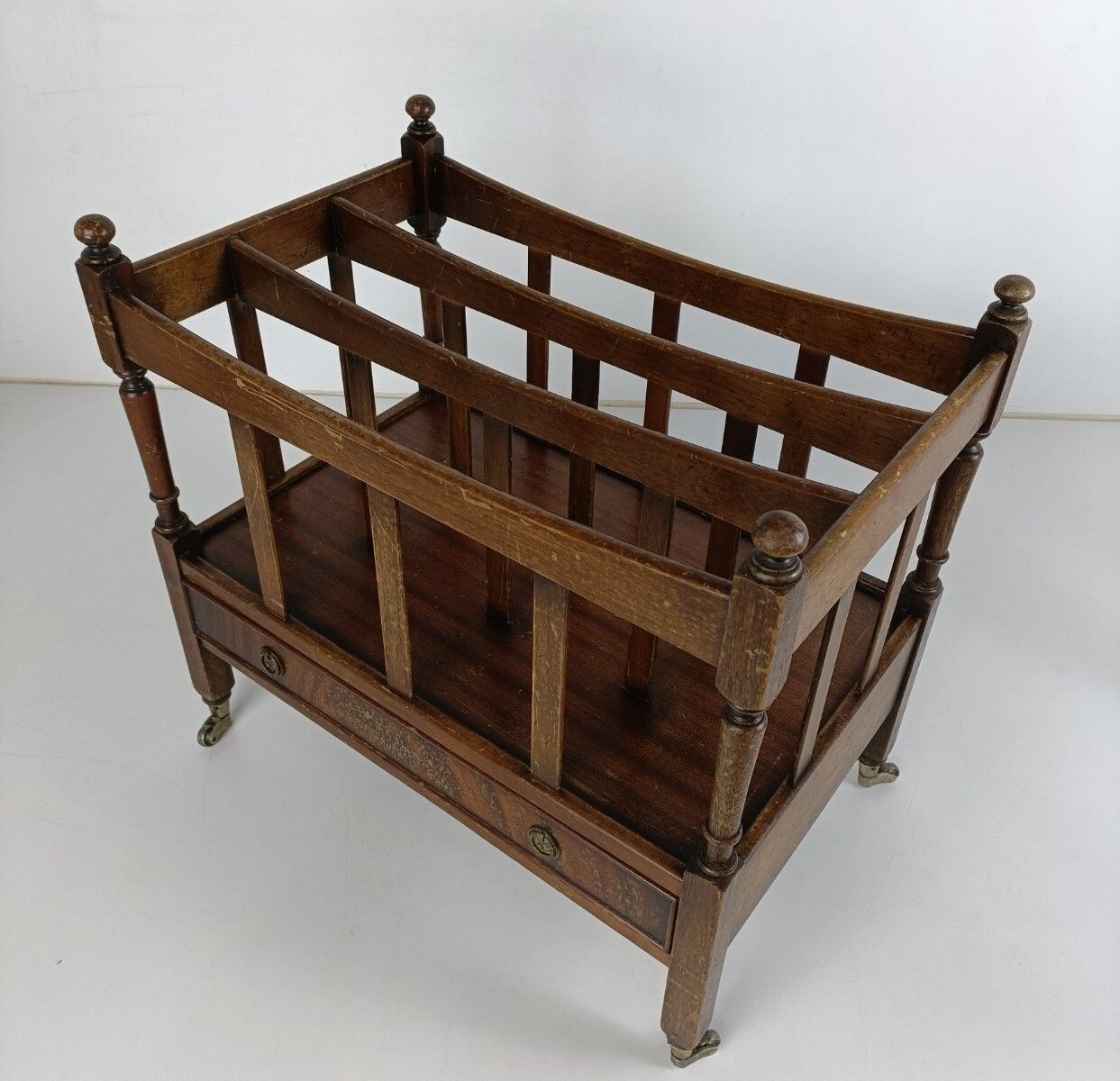 Carved Wooden Magazine Rack Newspaper Basket On Wheels English Regency Vintage D photo buy