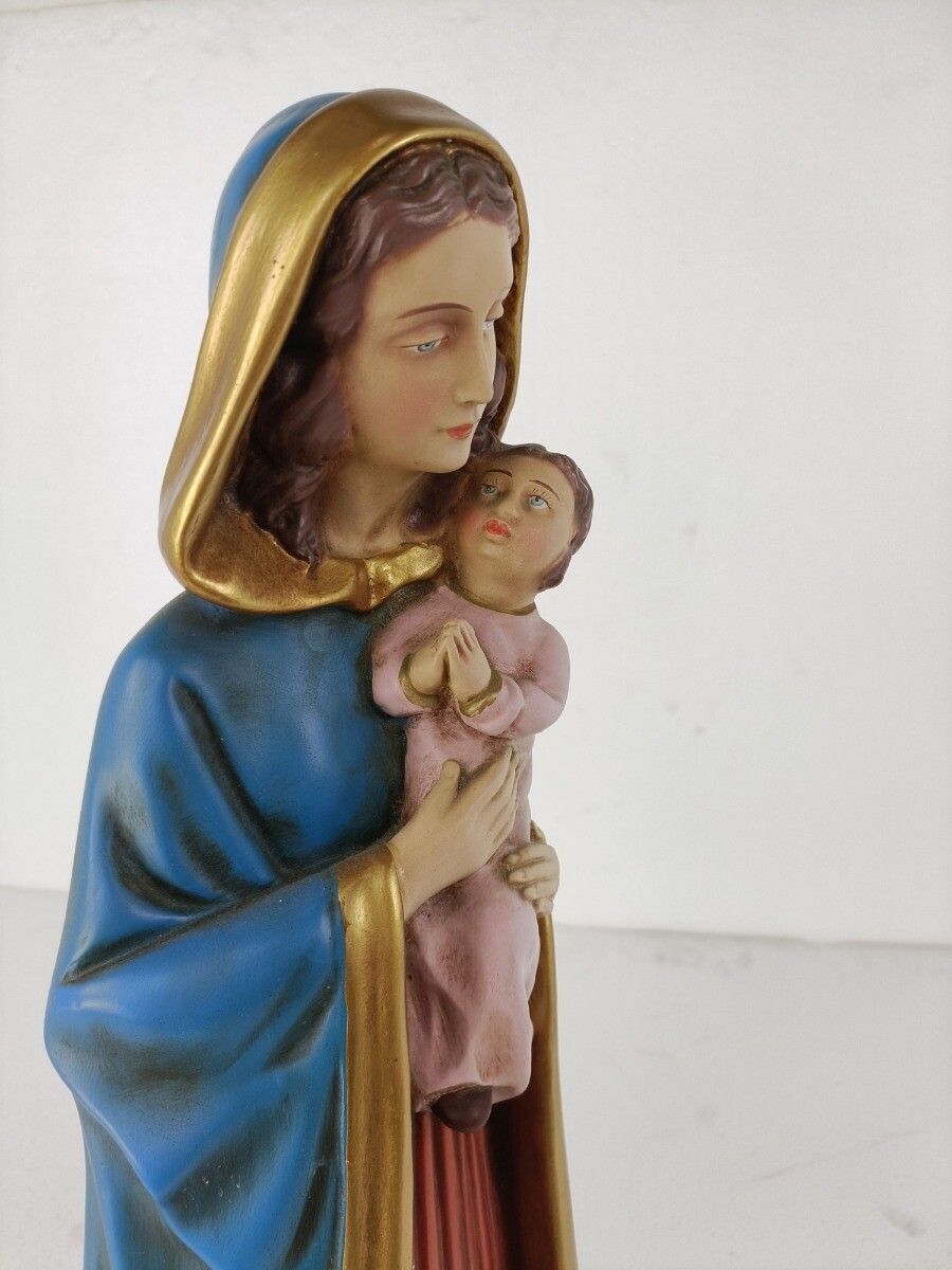 Virgin Mary Madonna Infant Child Plaster Statue Signed Fuortinati Guelfi Polychr photo buy