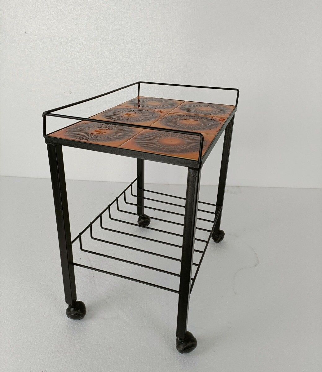 Vintage Side Table Bar Cart Ceramic Orange Tiles Wrought Iron Funky photo vintage