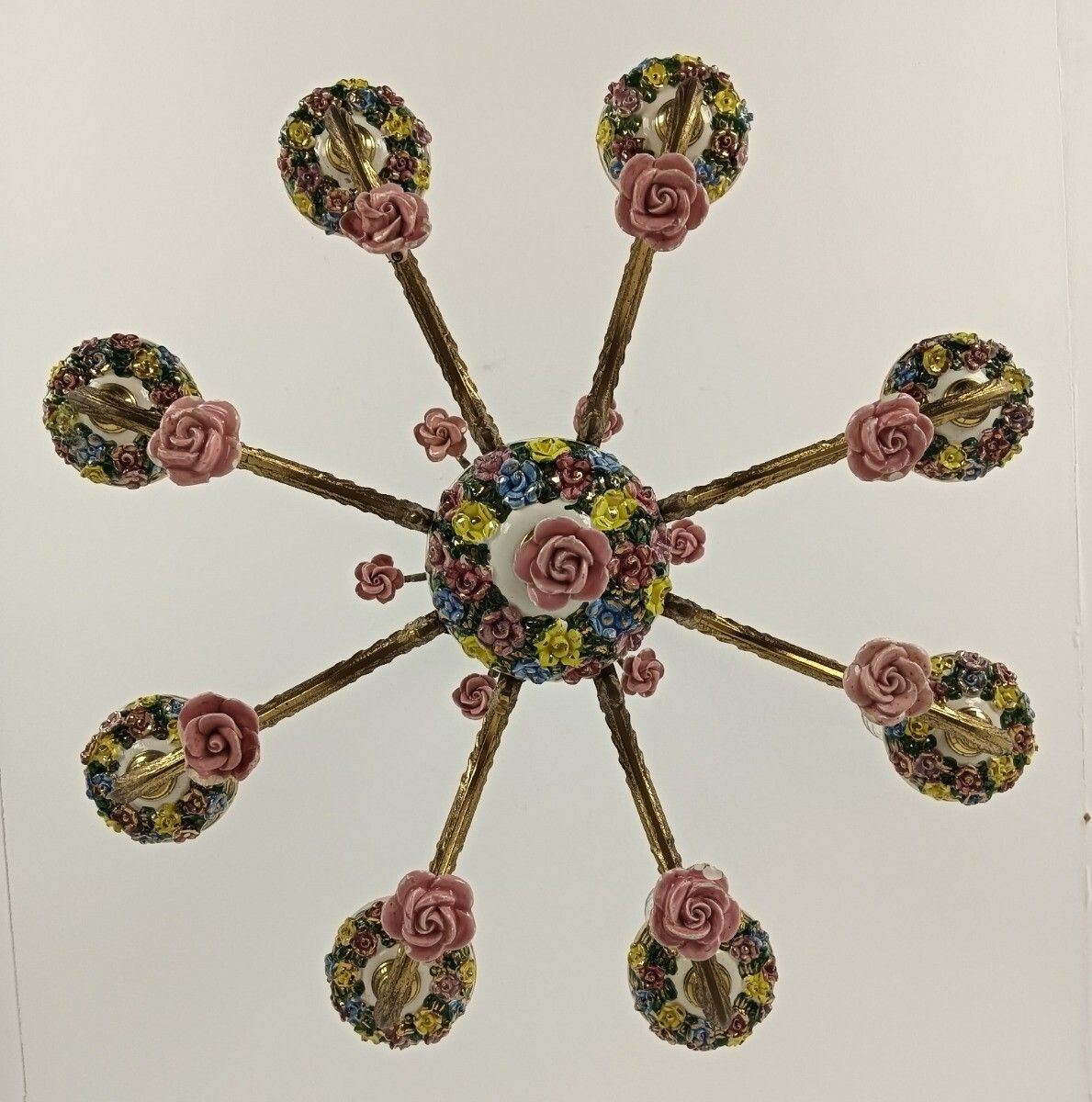 photo furniture Xl Chandelier Porcelain Flowers Polychrome Brass Italy 8 Lights Arm Gorgeous Vin