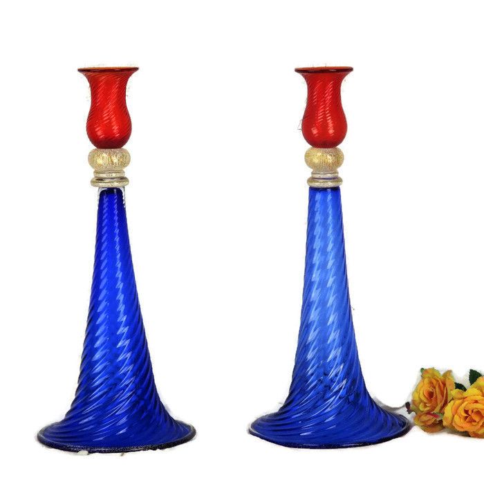 Pair Swirled Candlesticks Candle Holders Seguso For Vetri D'arte Art Glass  Htf