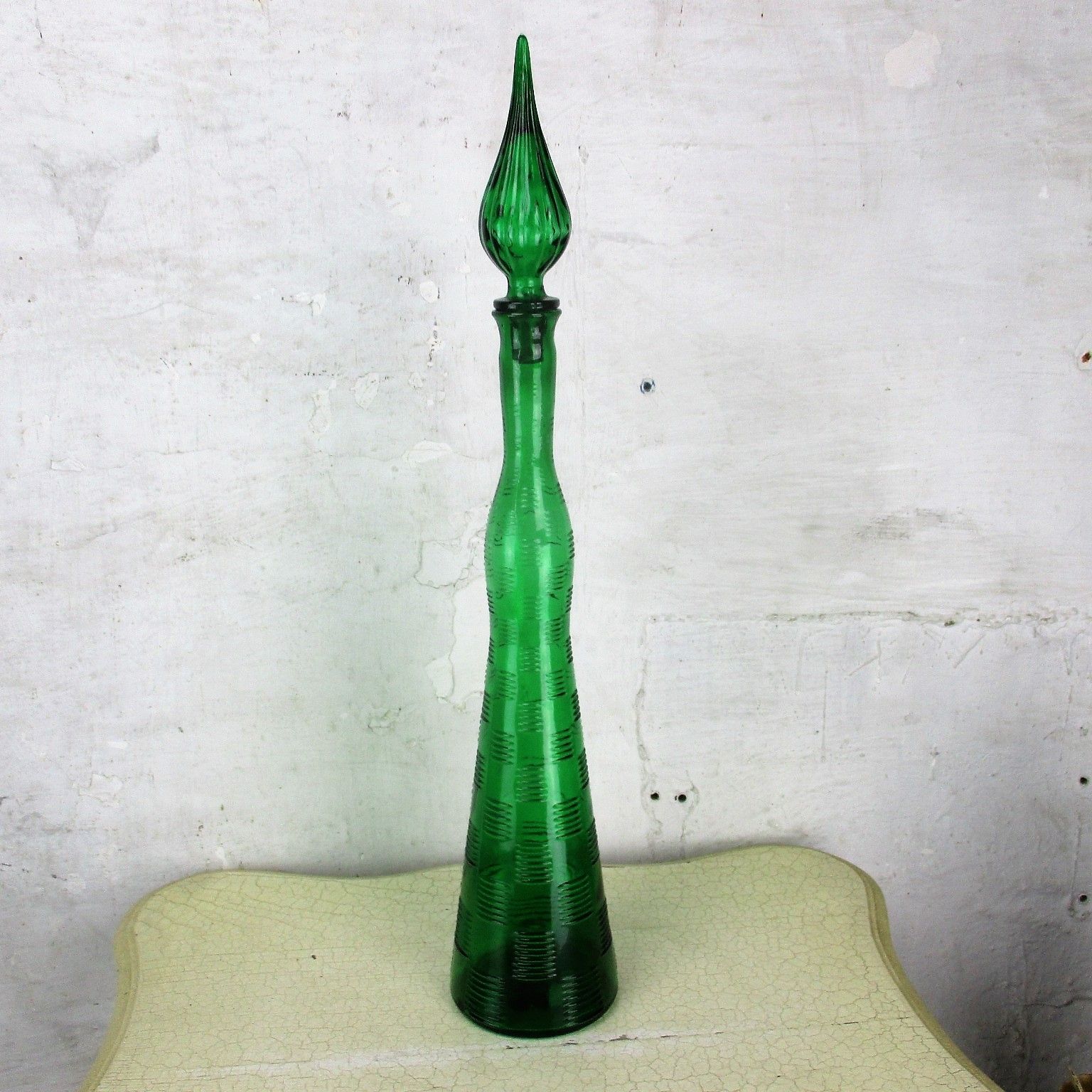 Xl Vintage Retro Art Glass Tall Bottle Vase Green Funky