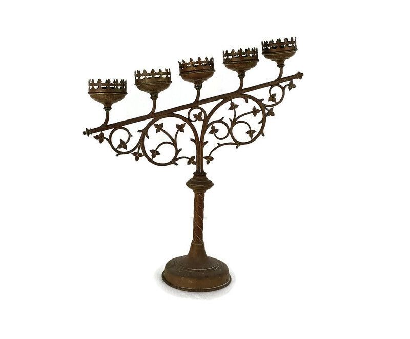 Candle Holder Brass Ornate Hollywood Regency Style Stylish Candelabra Leafs 5 Ar