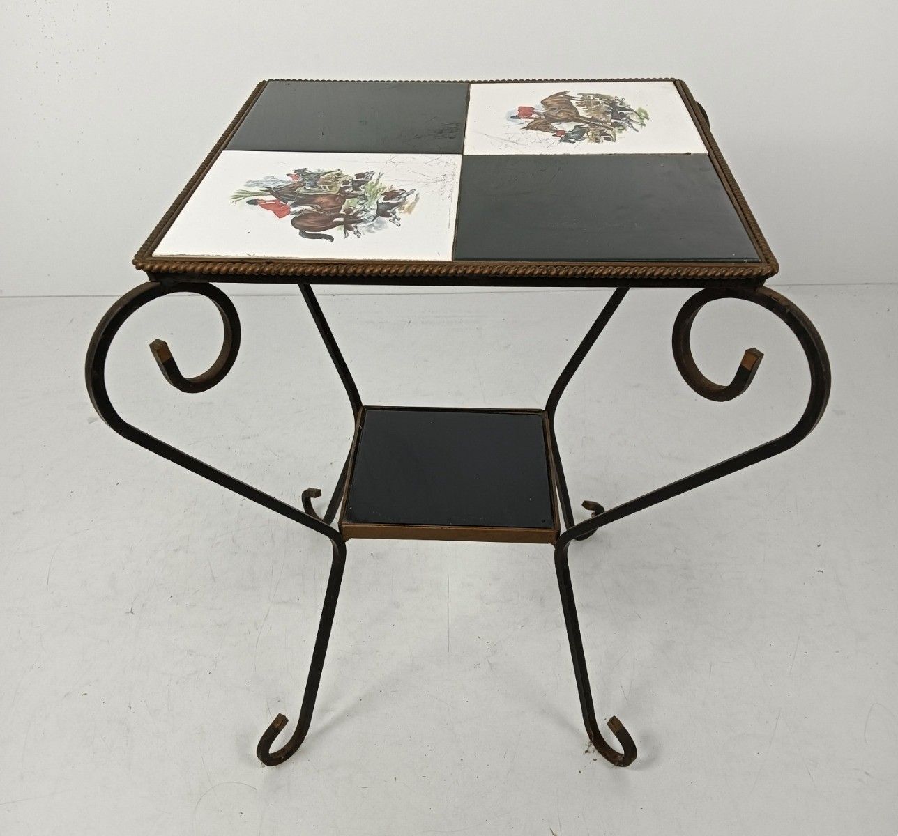 Vintage Side Table Plant Stand Mosaic Tiles Wrought Iron Hunt Horses  Retro photo for sale