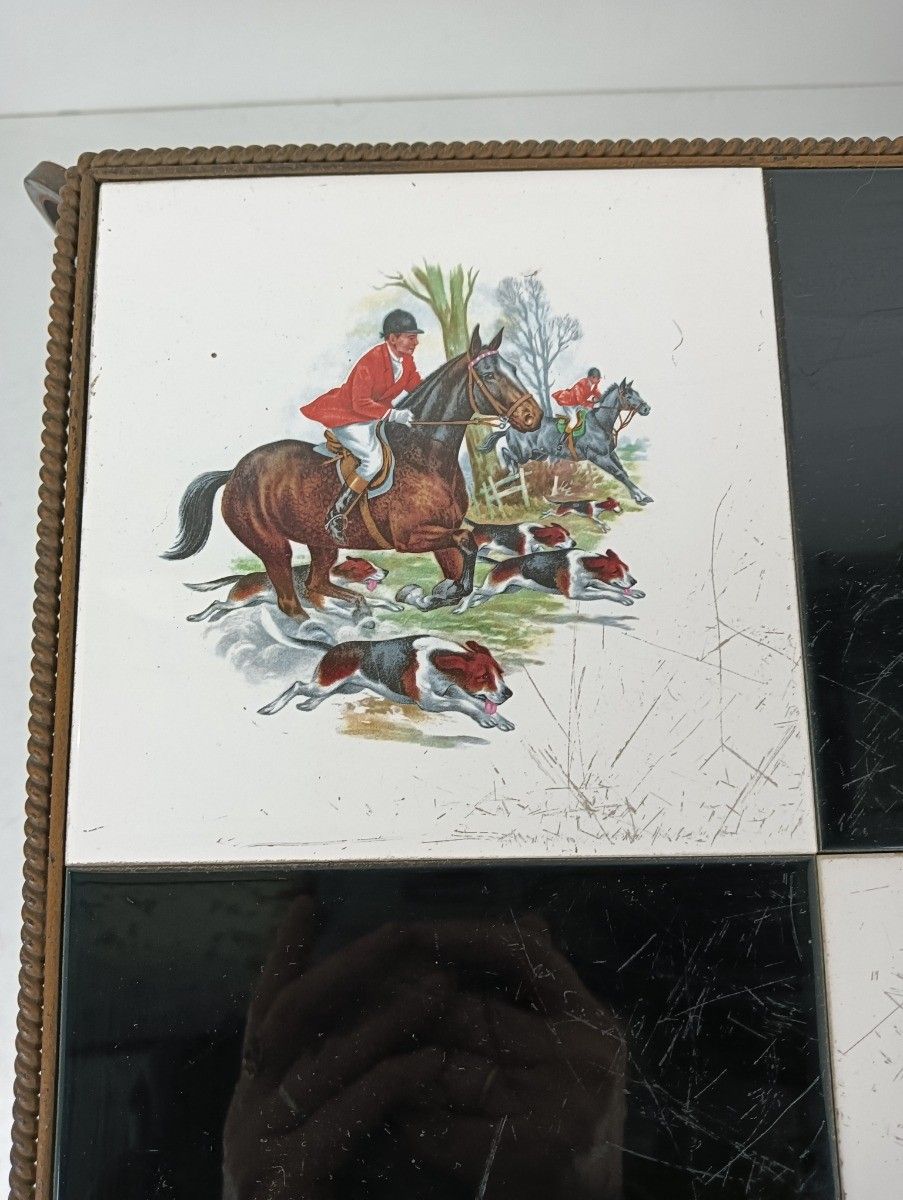 photo for sale Vintage Side Table Plant Stand Mosaic Tiles Wrought Iron Hunt Horses  Retro