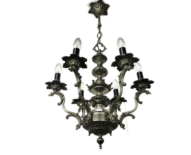Vintage Chandelier 6 Lights Arms Ornate Spelter Hollywood Regency Silver Colored