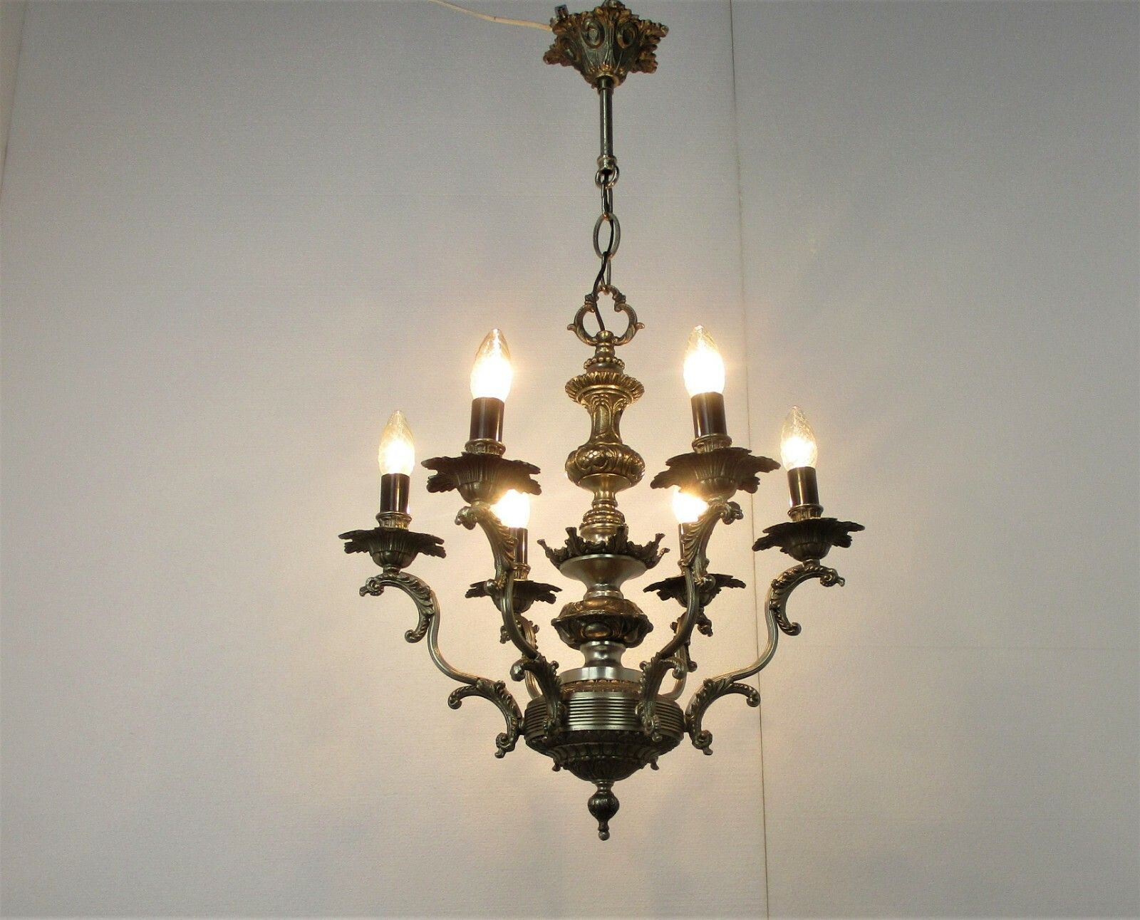 Vintage Chandelier 6 Lights Arms Ornate Spelter Hollywood Regency Silver Colored photo furniture