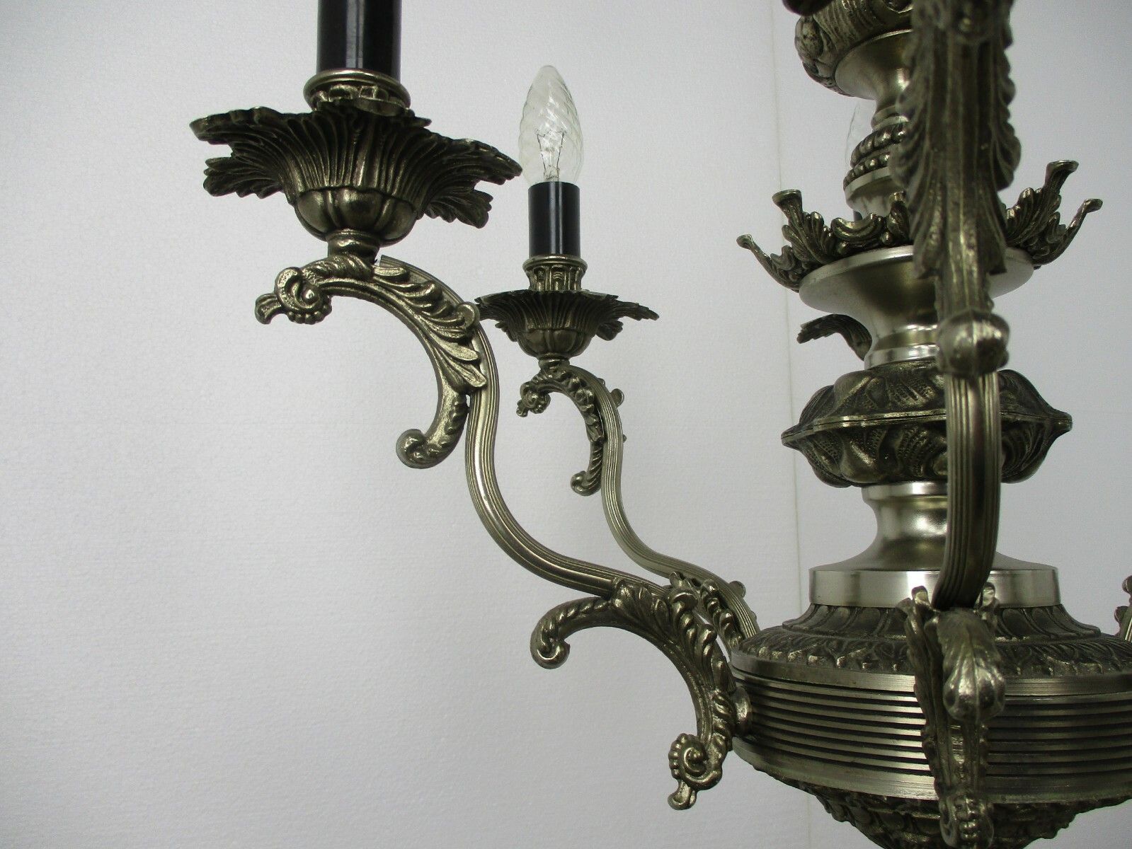 Vintage Chandelier 6 Lights Arms Ornate Spelter Hollywood Regency Silver Colored photo vinterior