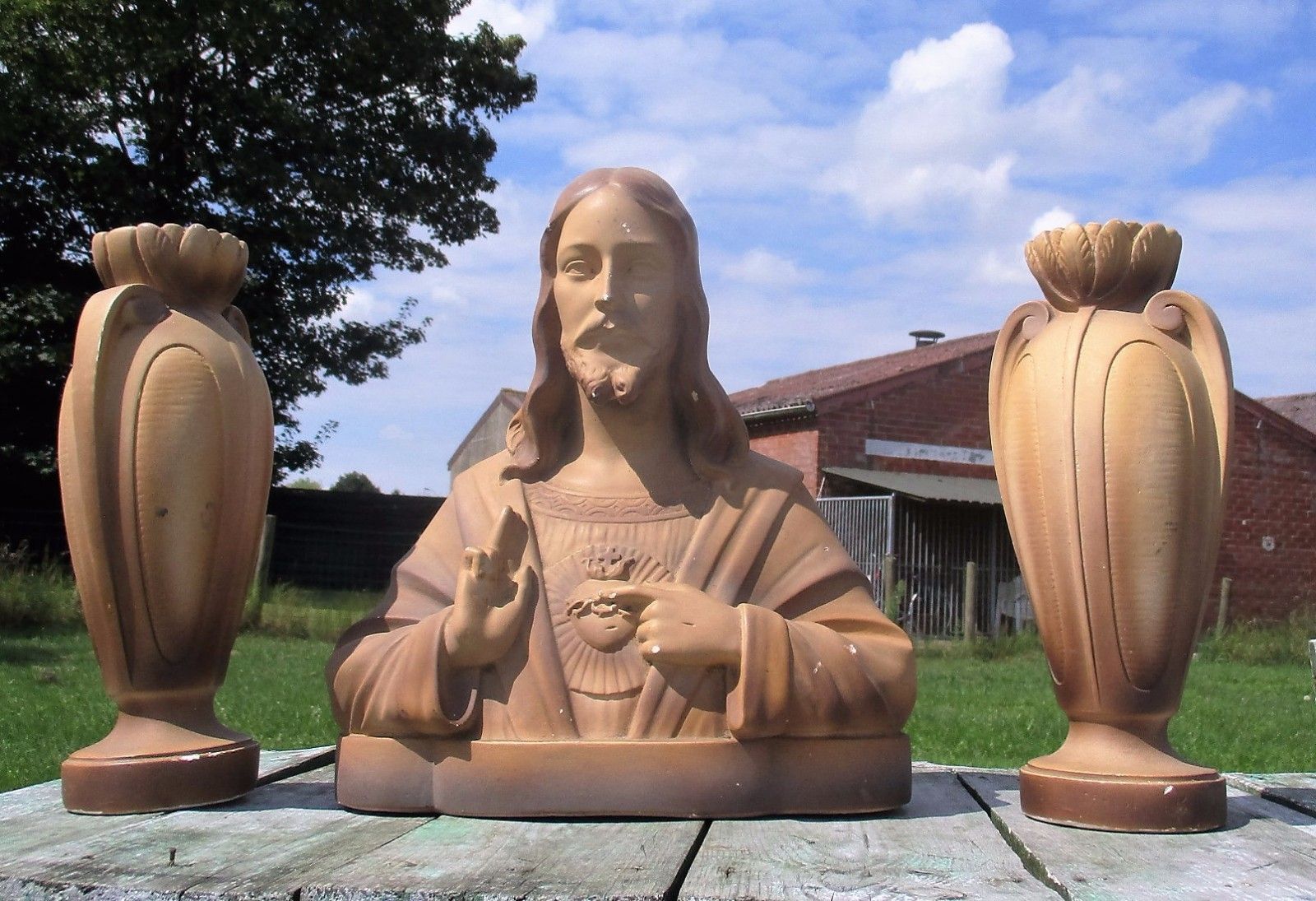 Plaster Statue  Bust Jesus Christ 2 Matching Vases Urn Brown Holy Heart Marked photo for sale