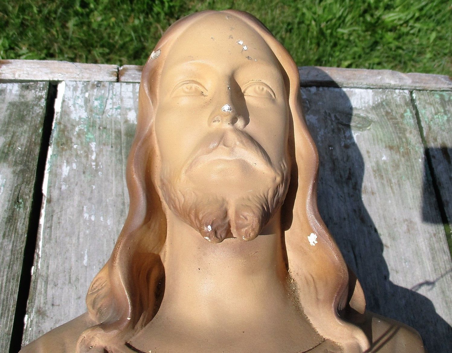 photo for sale Plaster Statue  Bust Jesus Christ 2 Matching Vases Urn Brown Holy Heart Marked