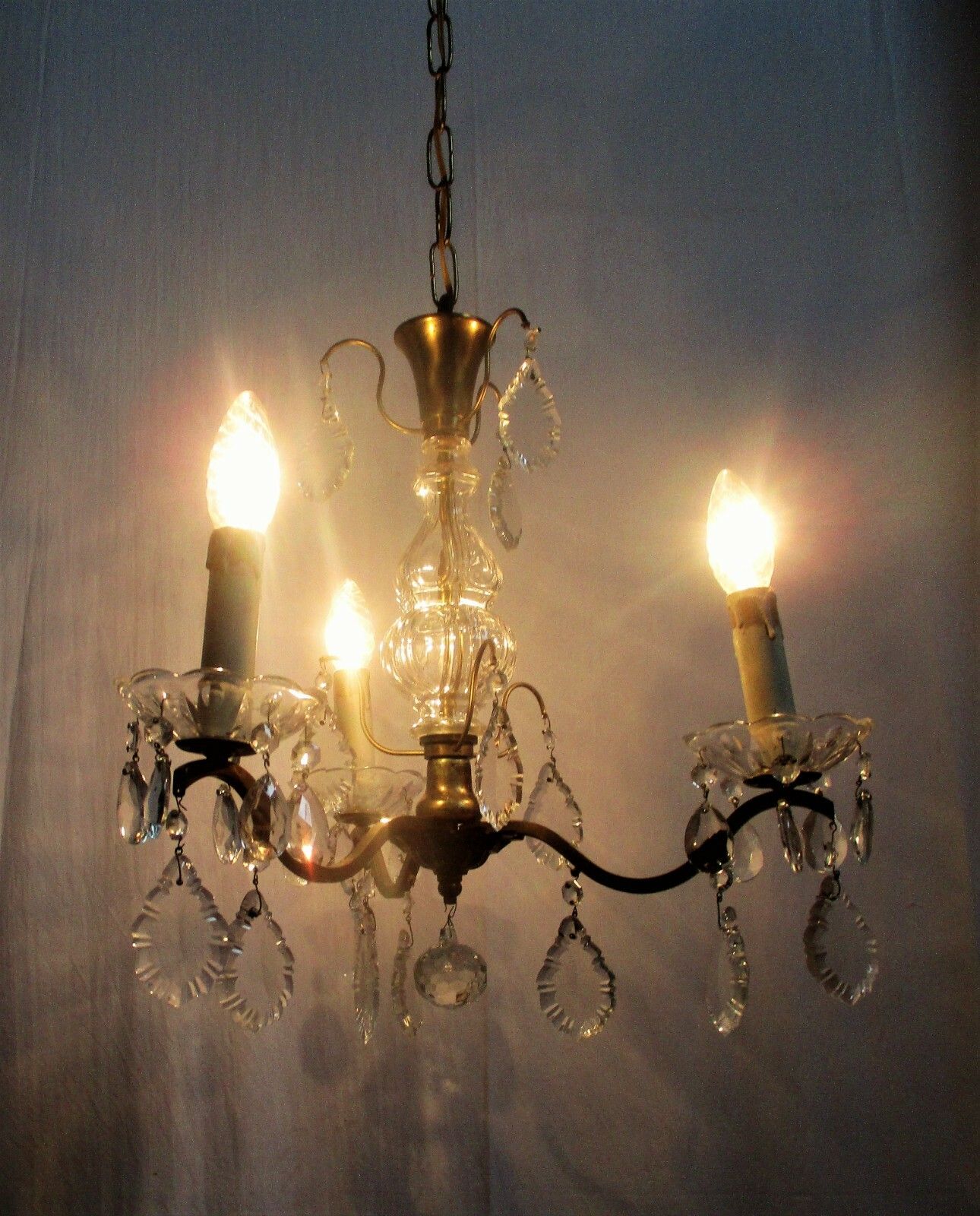 Brass Ornate Chandelier 3 Arms Lights Prisms Hollywood Regency Empire Red Shades photo for sale