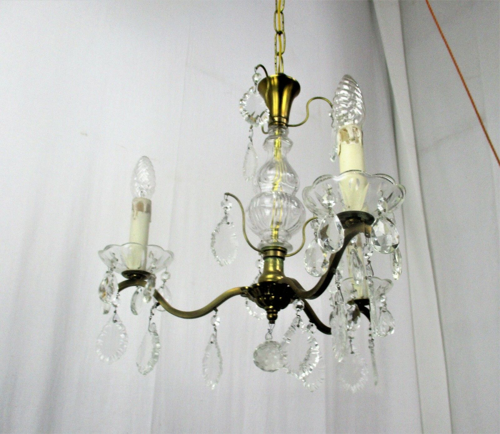 Brass Ornate Chandelier 3 Arms Lights Prisms Hollywood Regency Empire Red Shades photo Lighting