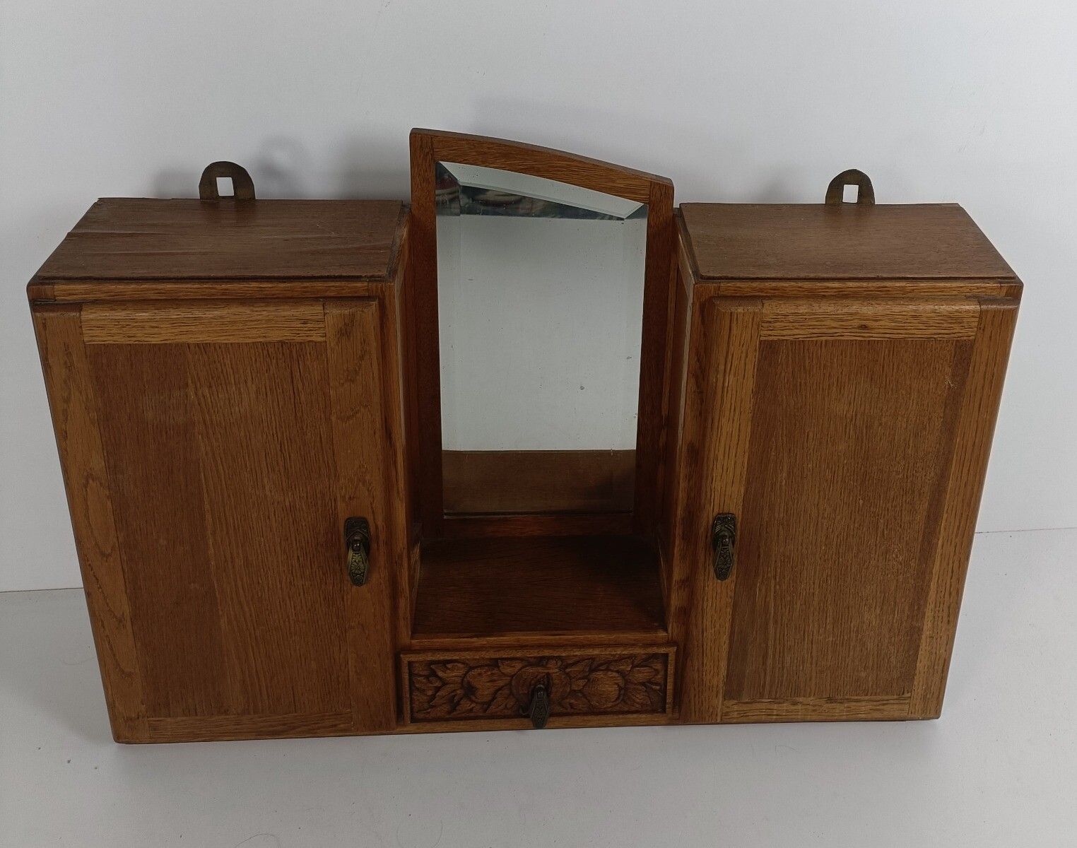 Double Antique Medicine Apothecary Kitchen Bathroom Cabinet Beveled Glass Art De photo for sale