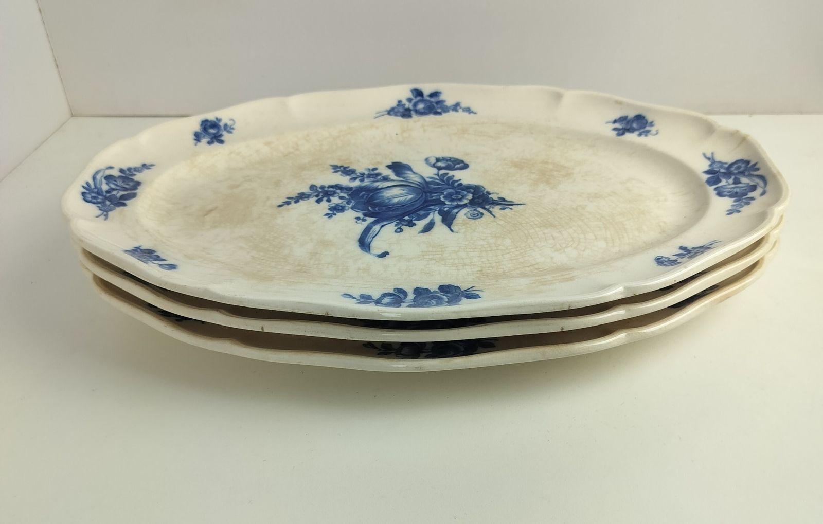 Antique 1900 Plates 3 Large Serving Dishes  Platters Boch Mettlach Rare Blue Ros photo 129.0