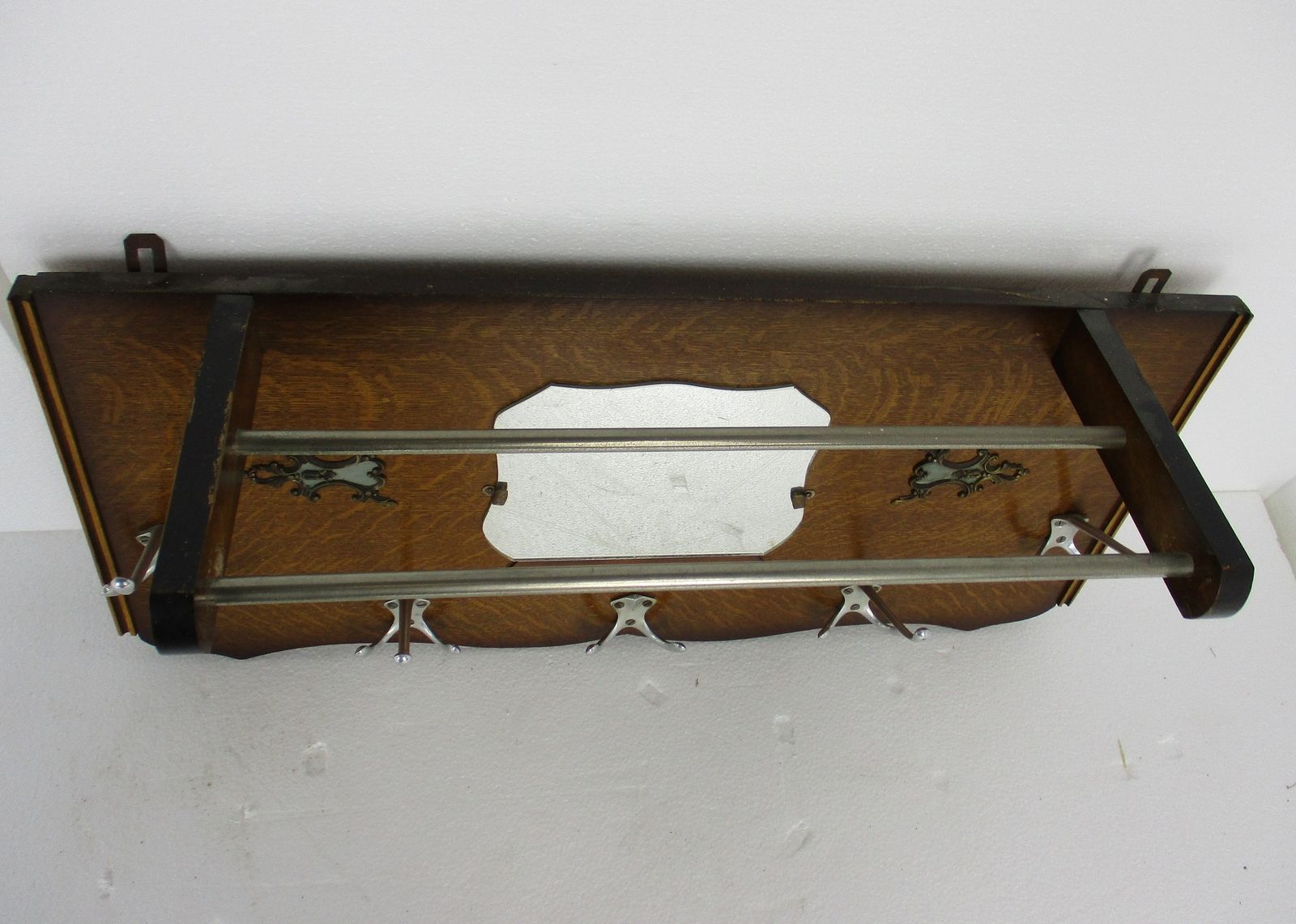 Retro Funky Industrial Railway Wood Wall Shelf Coat Hat Rack  Brass Trims Mirror photo for sale
