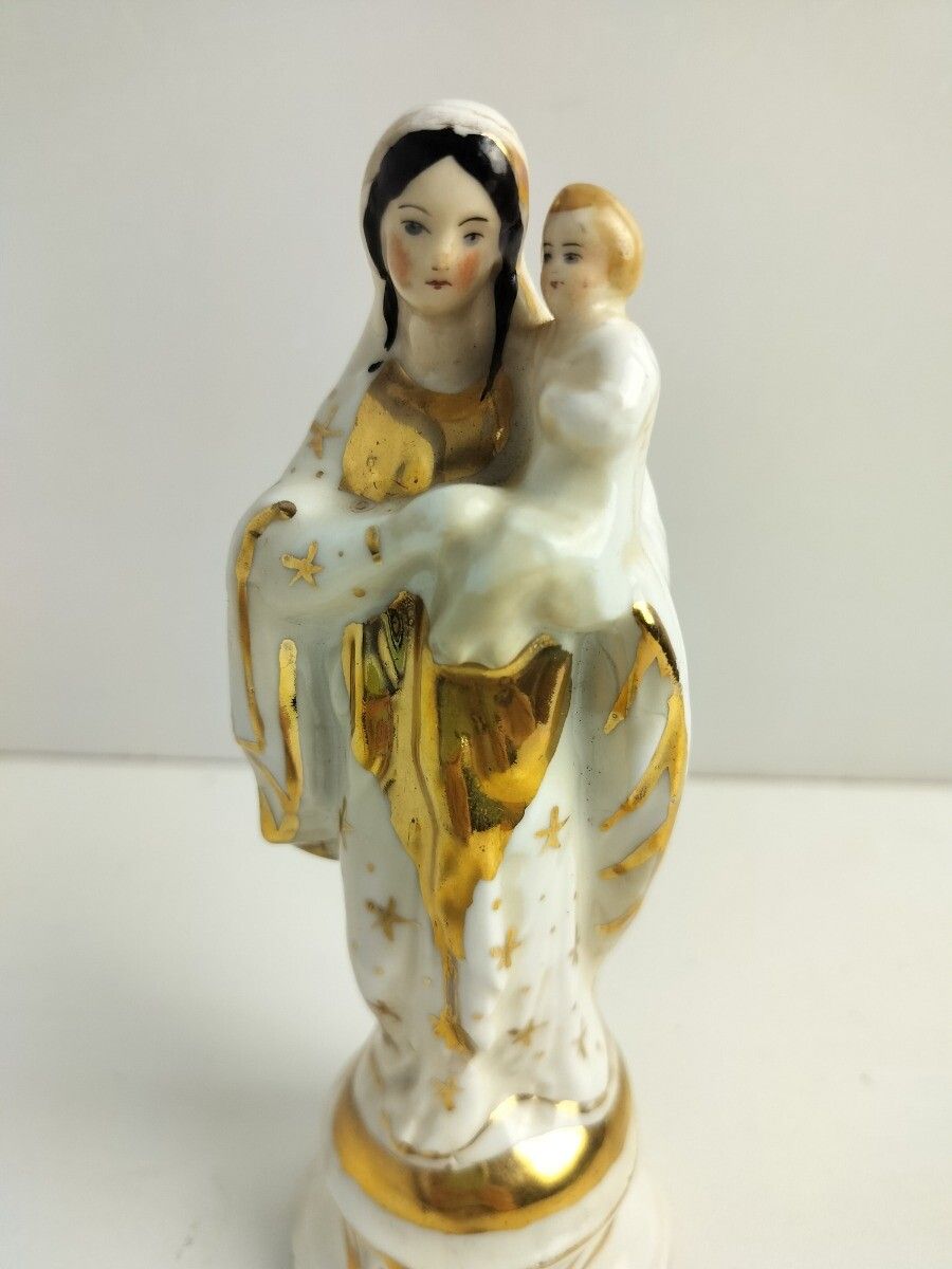 Antique 1900 Vieux Paris Porcelain Bisque Statue Virgin Mary Madonna With Infant photo furniture