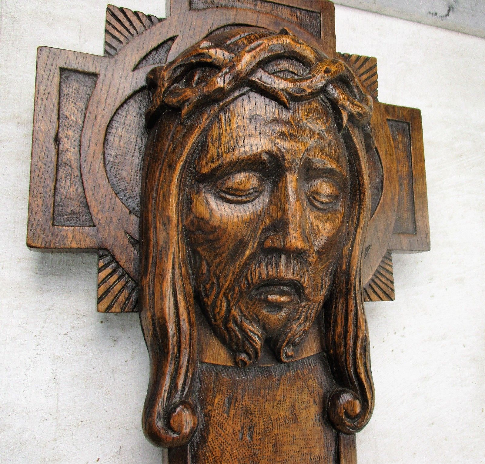 Gorgeous Hand Carved Wood Art Jesus Christ Head Of Thorns Sculpture Crucifix Oak photo furniture