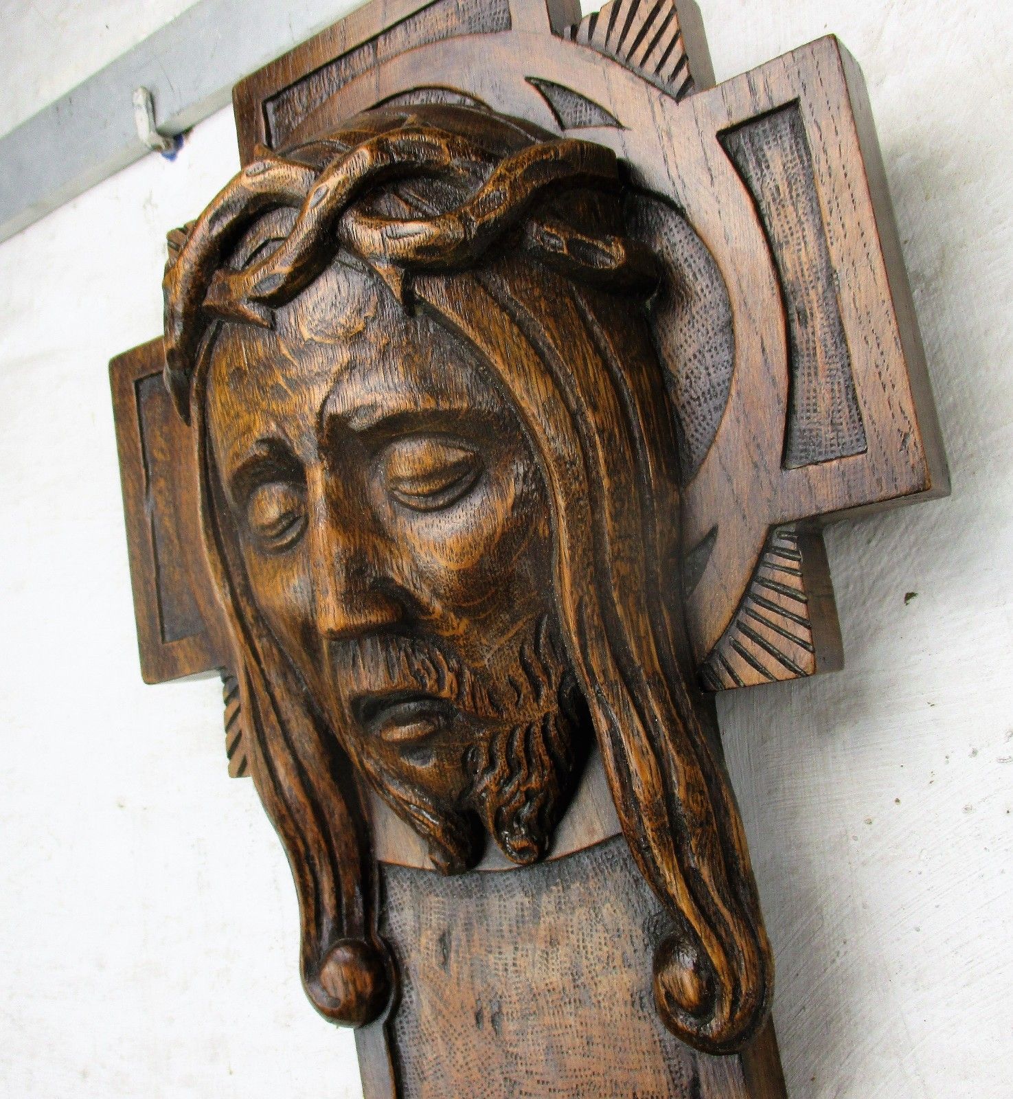 Gorgeous Hand Carved Wood Art Jesus Christ Head Of Thorns Sculpture Crucifix Oak photo Art