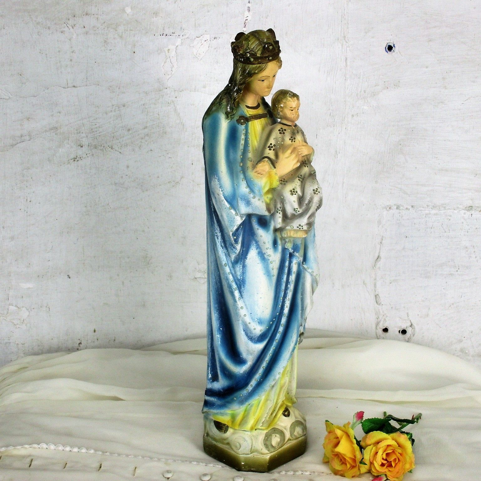 Antique Polychrome Madonna Infant Child Statue Plaster  Neo Gothic 1900 Marked photo Art