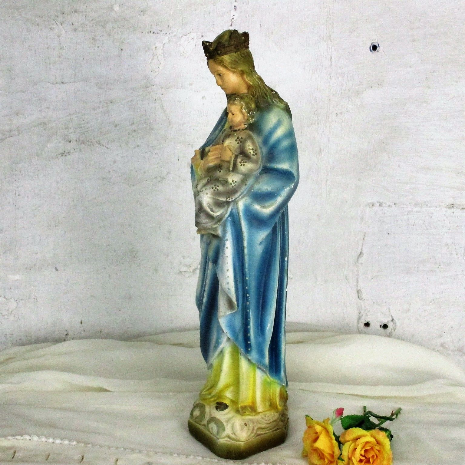 Antique Polychrome Madonna Infant Child Statue Plaster  Neo Gothic 1900 Marked photo vinterior