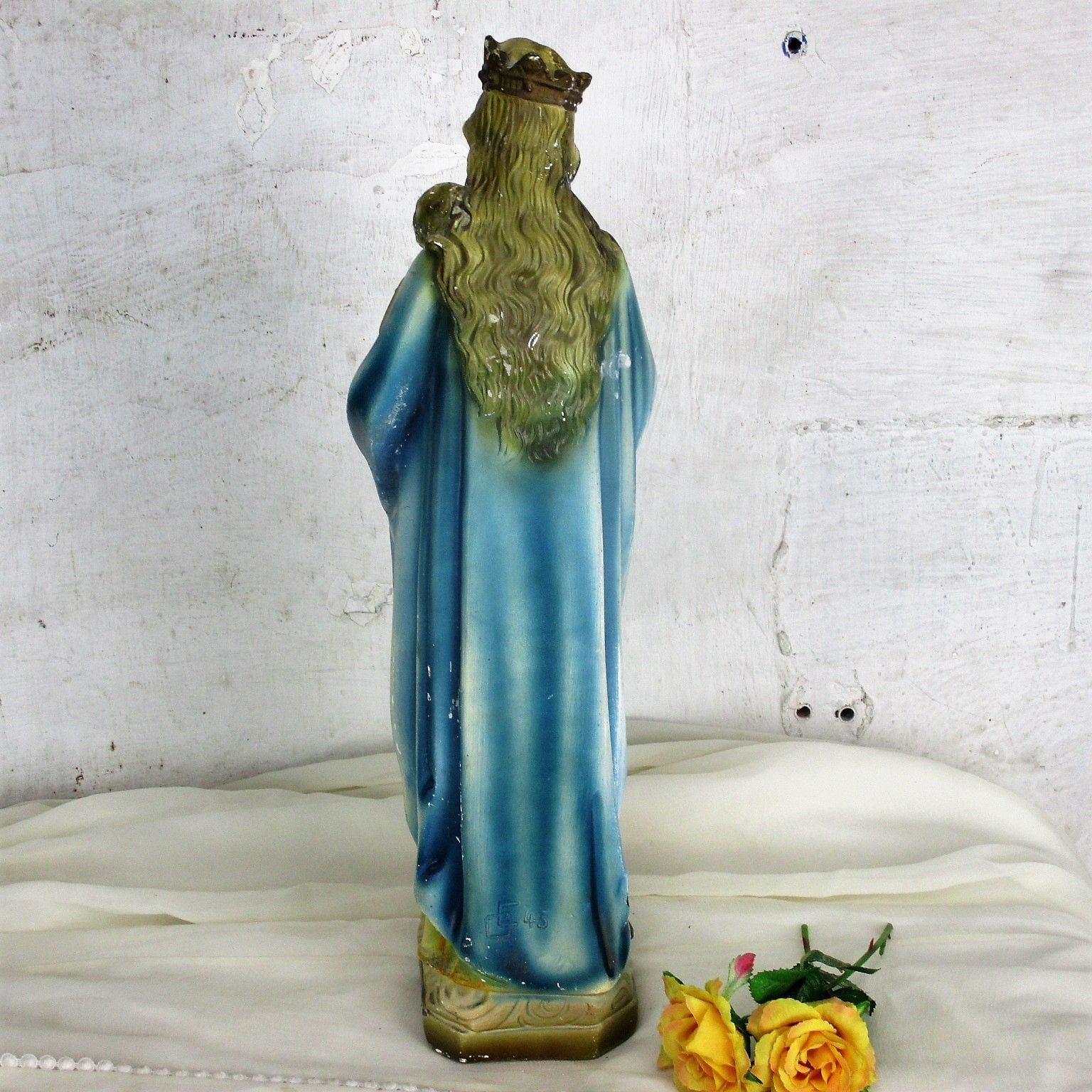 Antique Polychrome Madonna Infant Child Statue Plaster  Neo Gothic 1900 Marked photo vintage