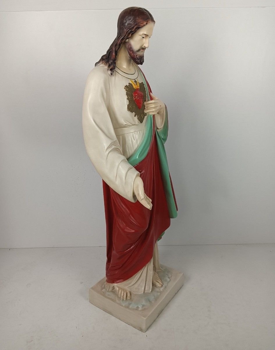 Xl Statue Holy Heart Jesus Christ Polychrome Hard Plastic Resin Outdoor Vintage photo for sale