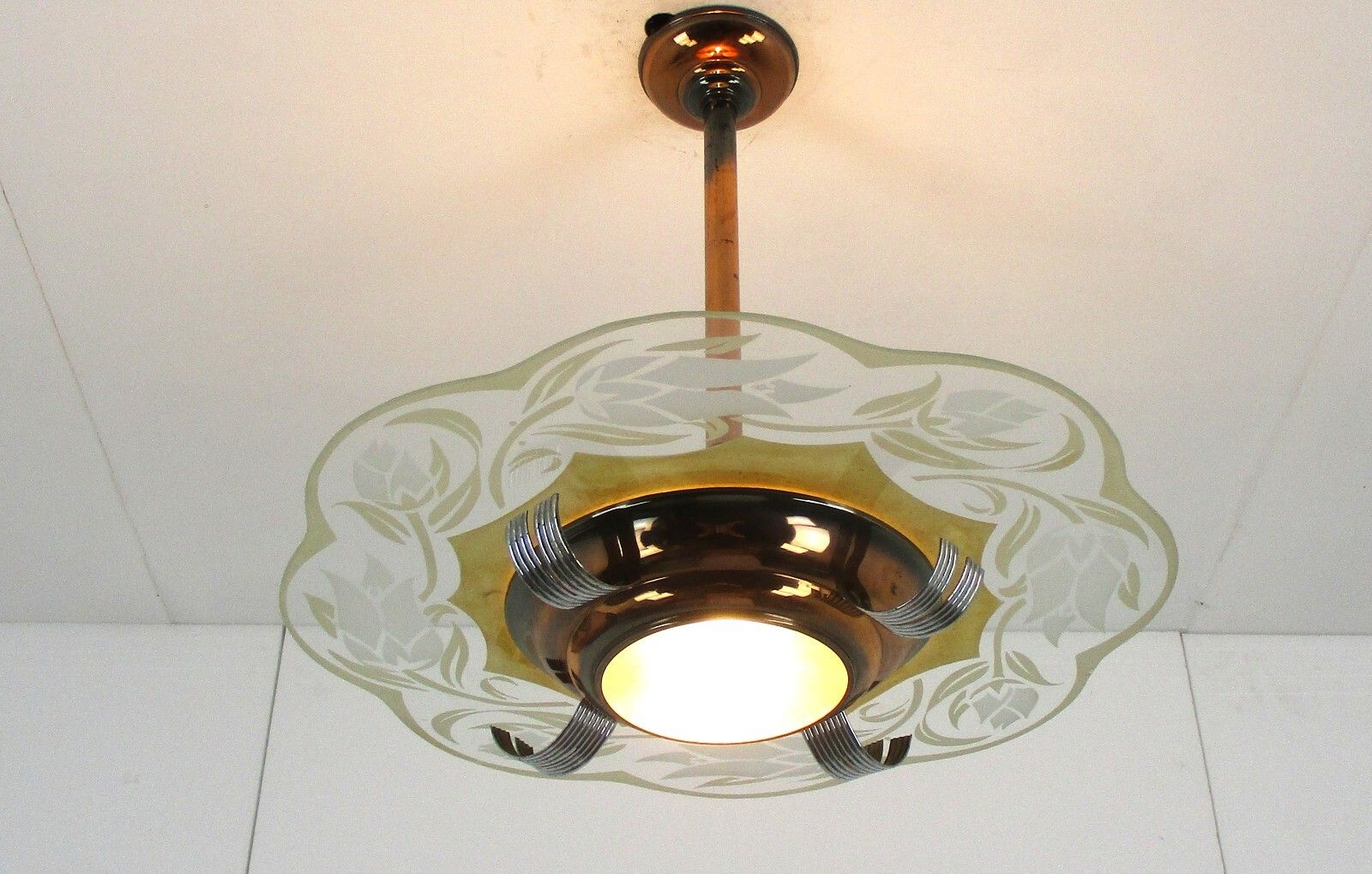 Antique French Art Deco Chandelier Pendant Glass Shade Red Copper 2 Lights photo furniture