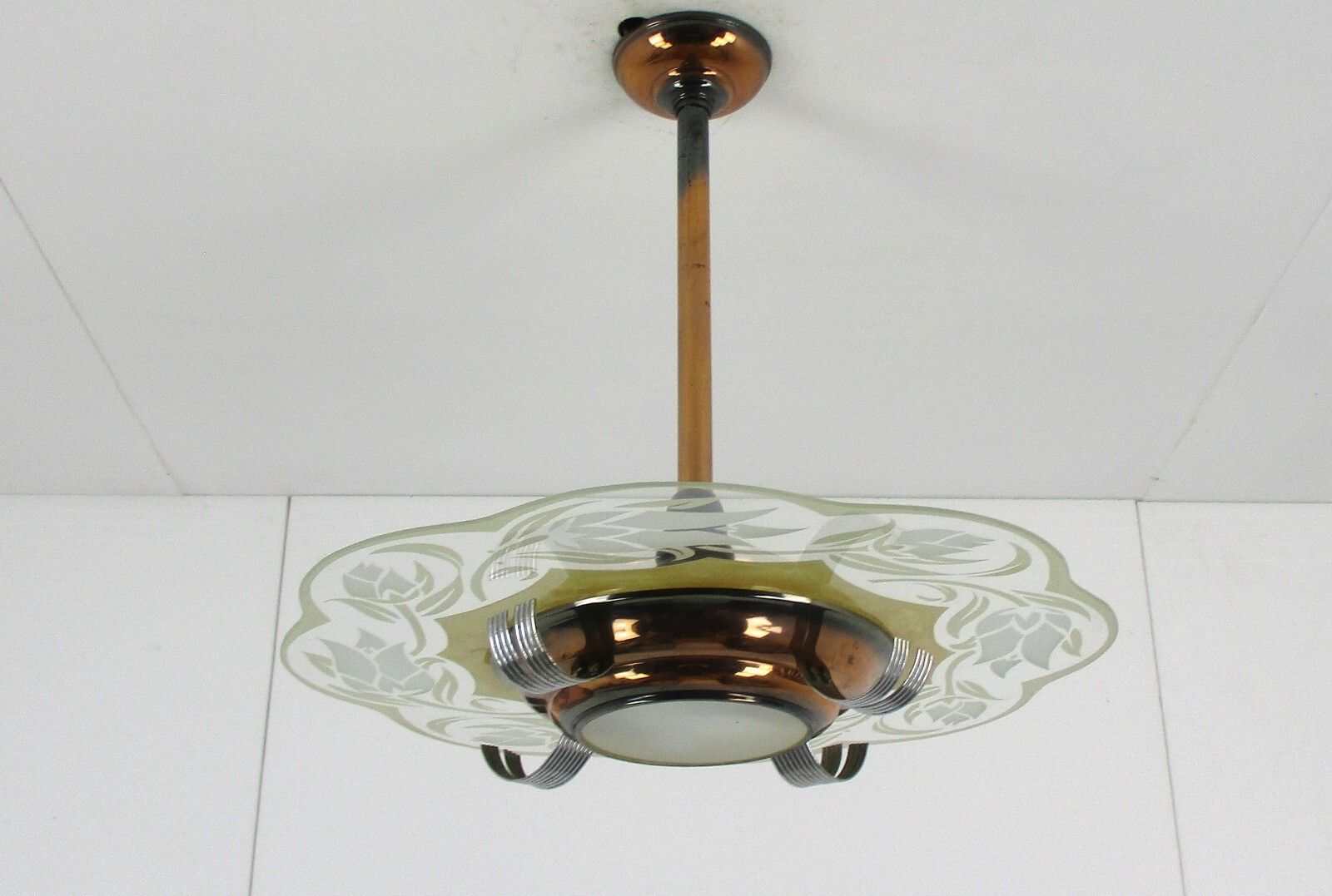 Antique French Art Deco Chandelier Pendant Glass Shade Red Copper 2 Lights photo Lighting