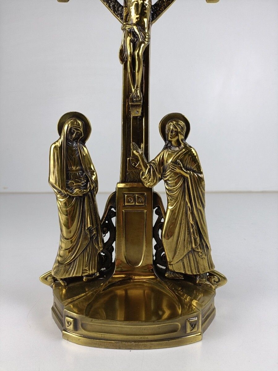 Standing Crucifix Spelter Cross Crucifixion Jesus Christ Golgotha Calvary Vintag photo for sale