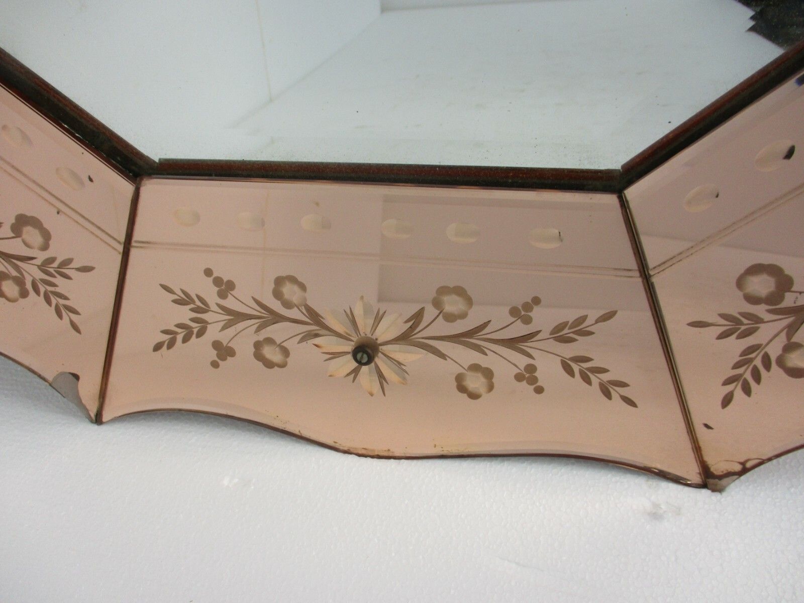 Venetian Mirror Ornate Etched Cut To Clear Glass Panels Pink Clear Art Nouveau photo for sale