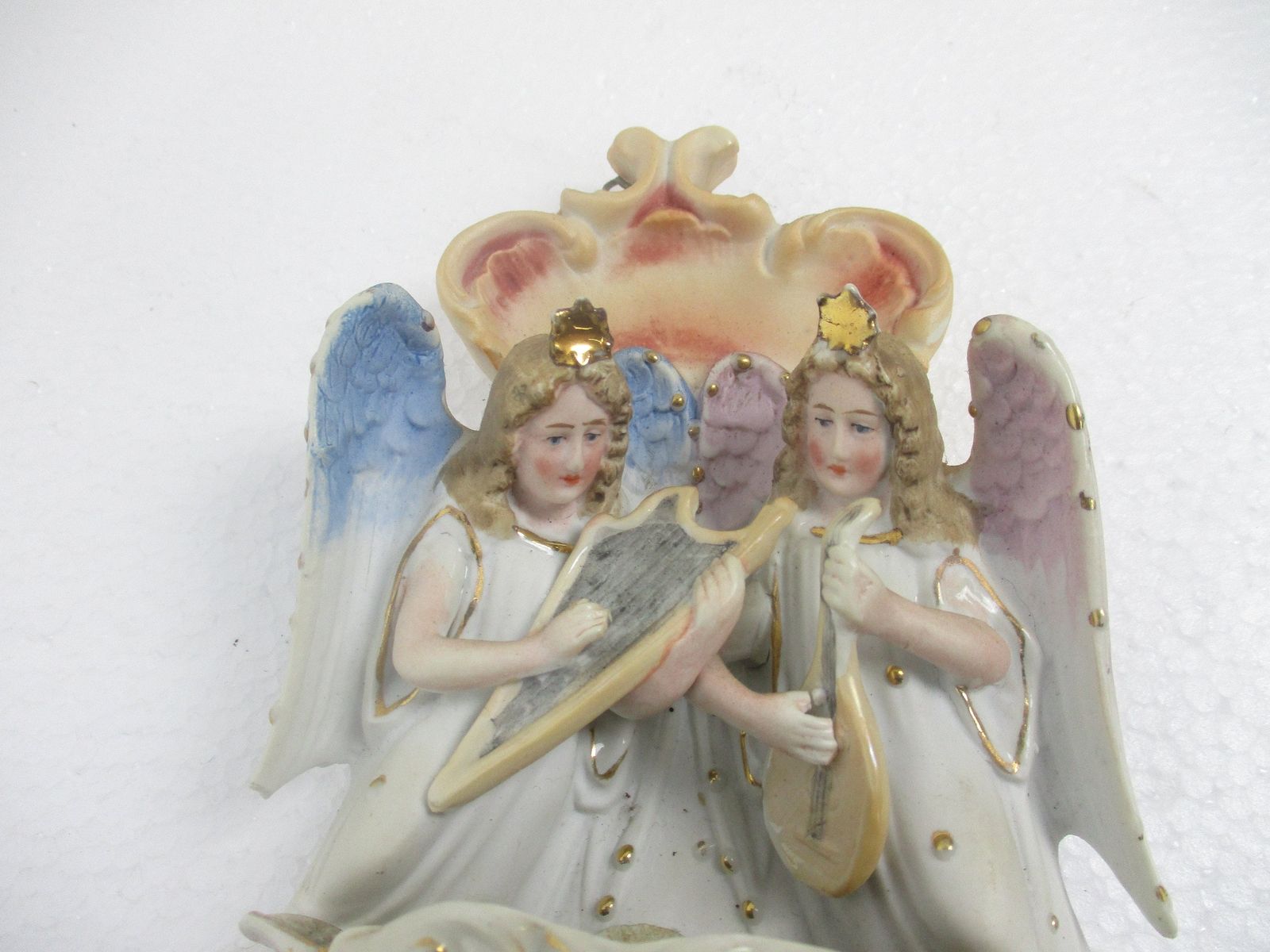 French Holy Water Font Vessel Infant Angels Playing Music Bisque Htf Lovely photo furniture