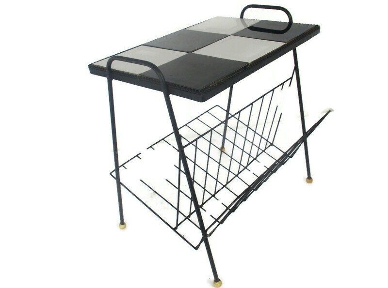 Vintage Mid Century Modern Magazine Newspaper Basket Side Table  Tiles