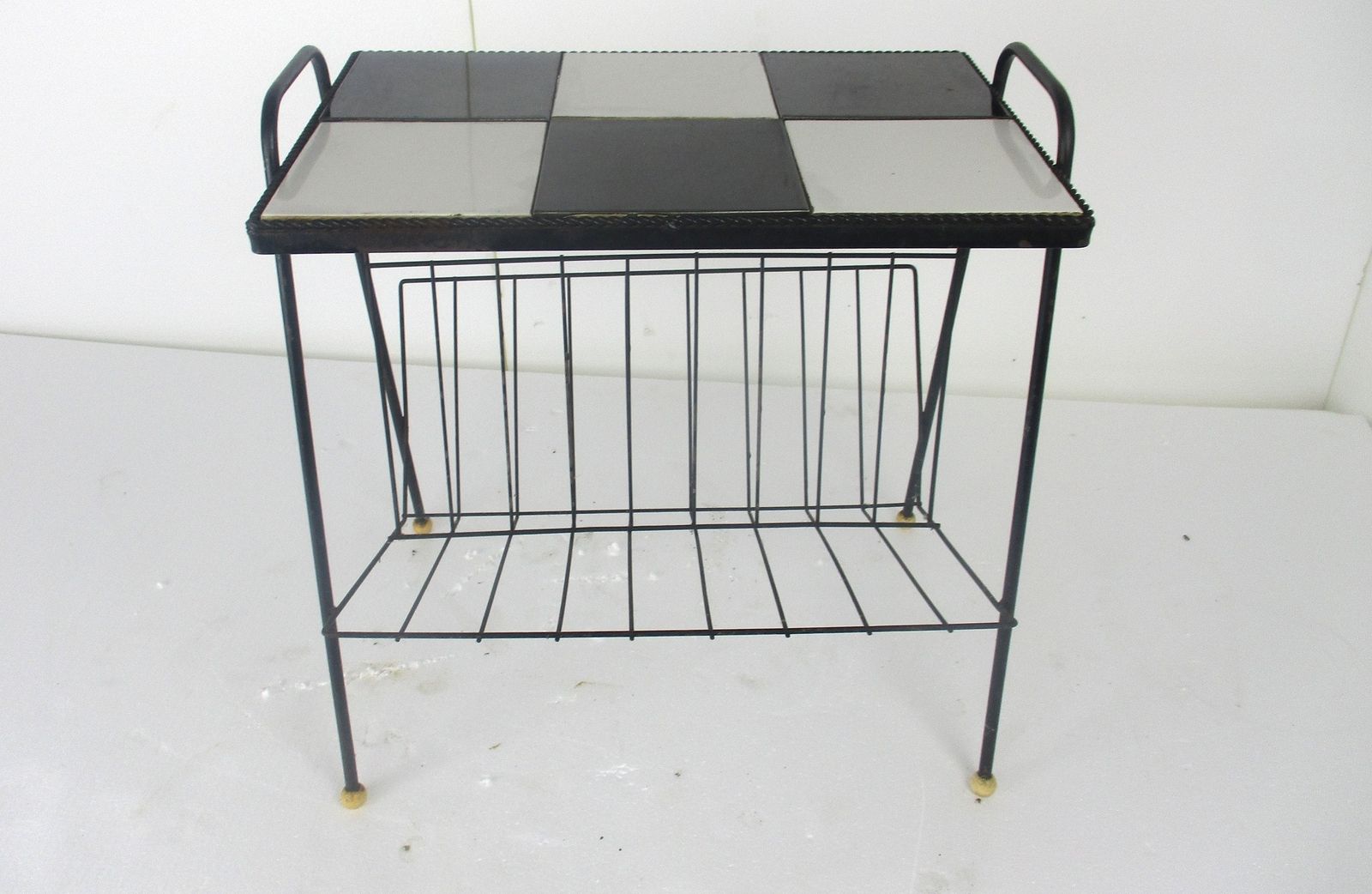 Vintage Mid Century Modern Magazine Newspaper Basket Side Table  Tiles photo furniture