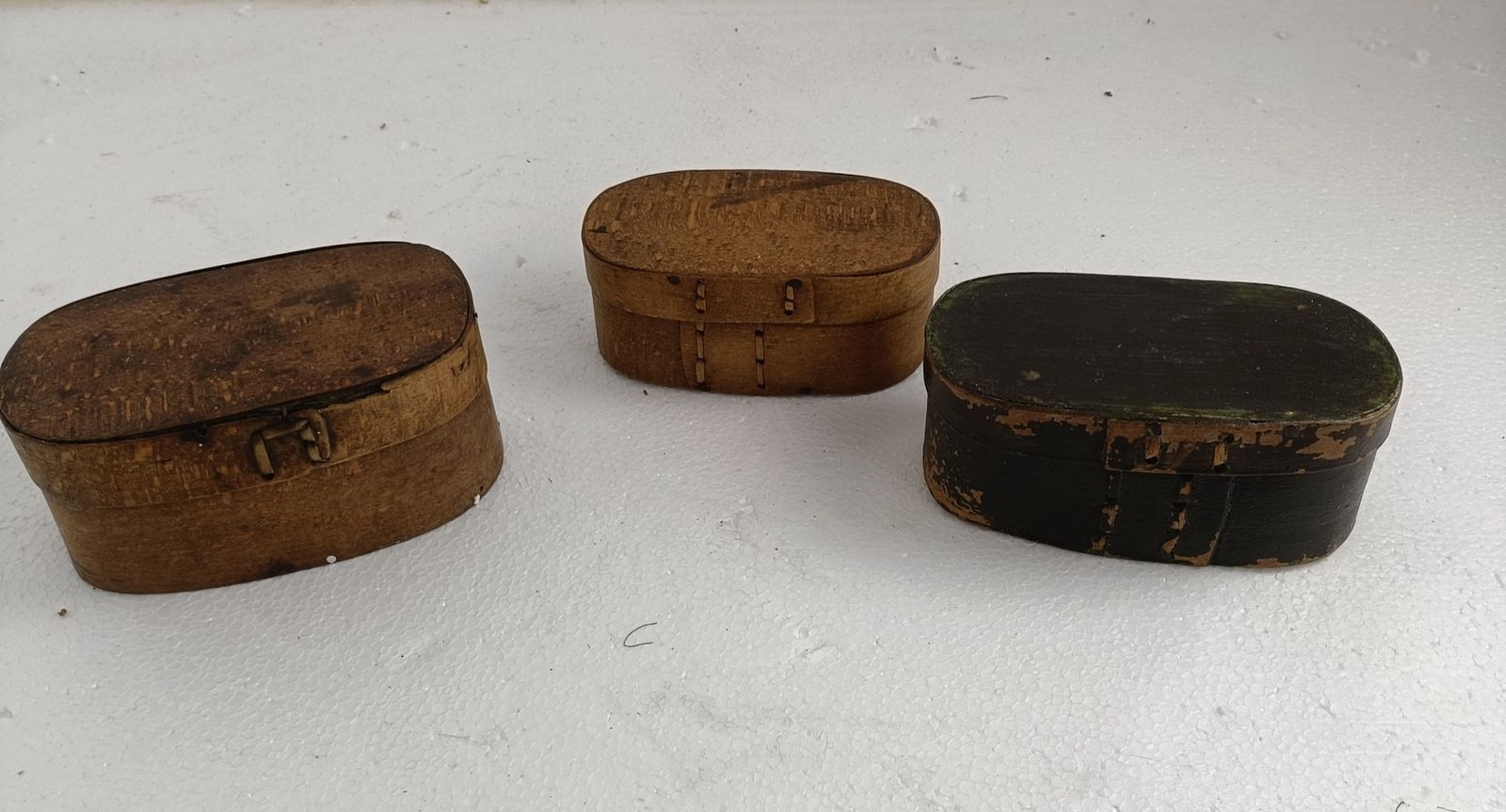 Set Of Three Small Antique  Wooden Cheese Boxes  Bent Wood Primitive Htf Art Nou photo for sale