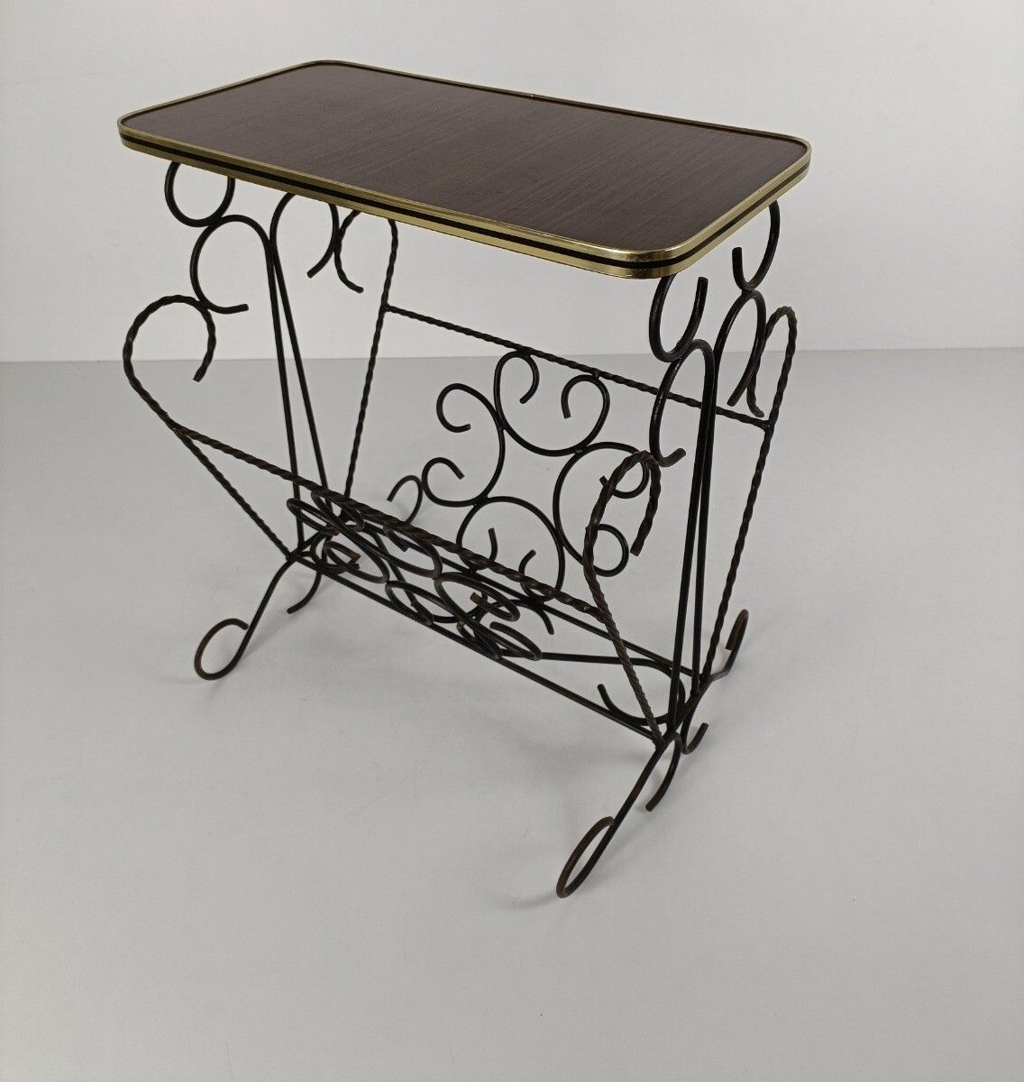 Vintage Mid Century Modern Magazine Newspaper Basket Side Table Wooden Top  Wrou photo furniture