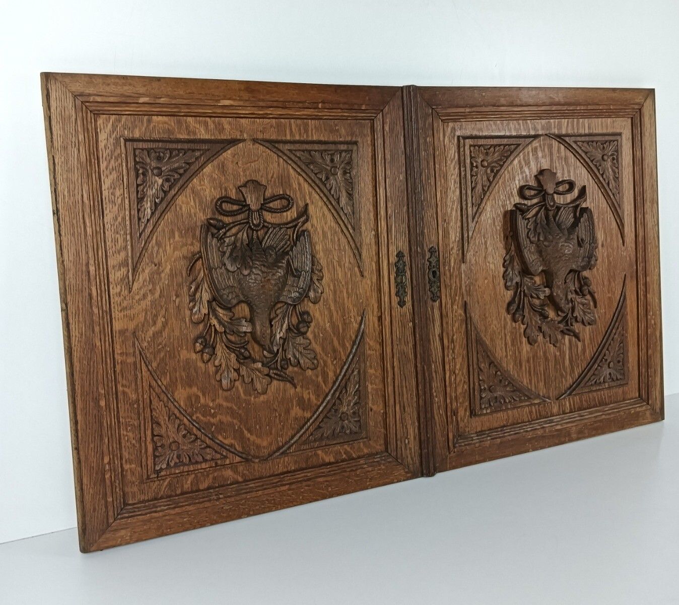 Pair Door Panels Antique Hand Carved Ornate Hunting Pheasants Architectural Salv photo buy