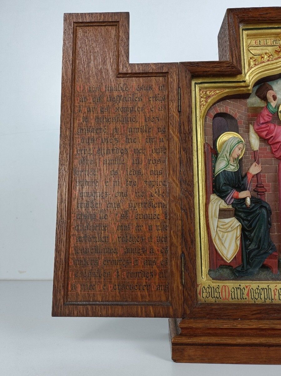 Triptych Handmade Hand Carved Travel Icon France Plaster Text Oak Holy Family Wo photo for sale