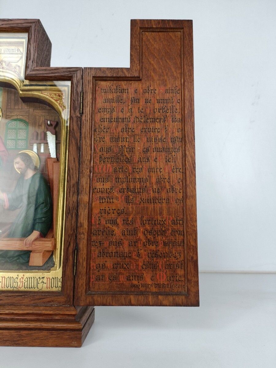 Triptych Handmade Hand Carved Travel Icon France Plaster Text Oak Holy Family Wo photo Art