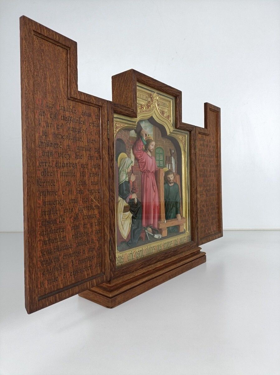 Triptych Handmade Hand Carved Travel Icon France Plaster Text Oak Holy Family Wo photo vintage