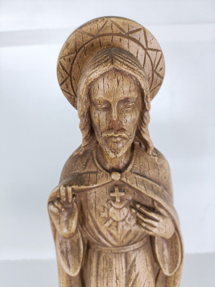 Art Deco Antique Statue Jesus Christ Holy Sacred Heart Plaster Brown Signed S. M photo for sale
