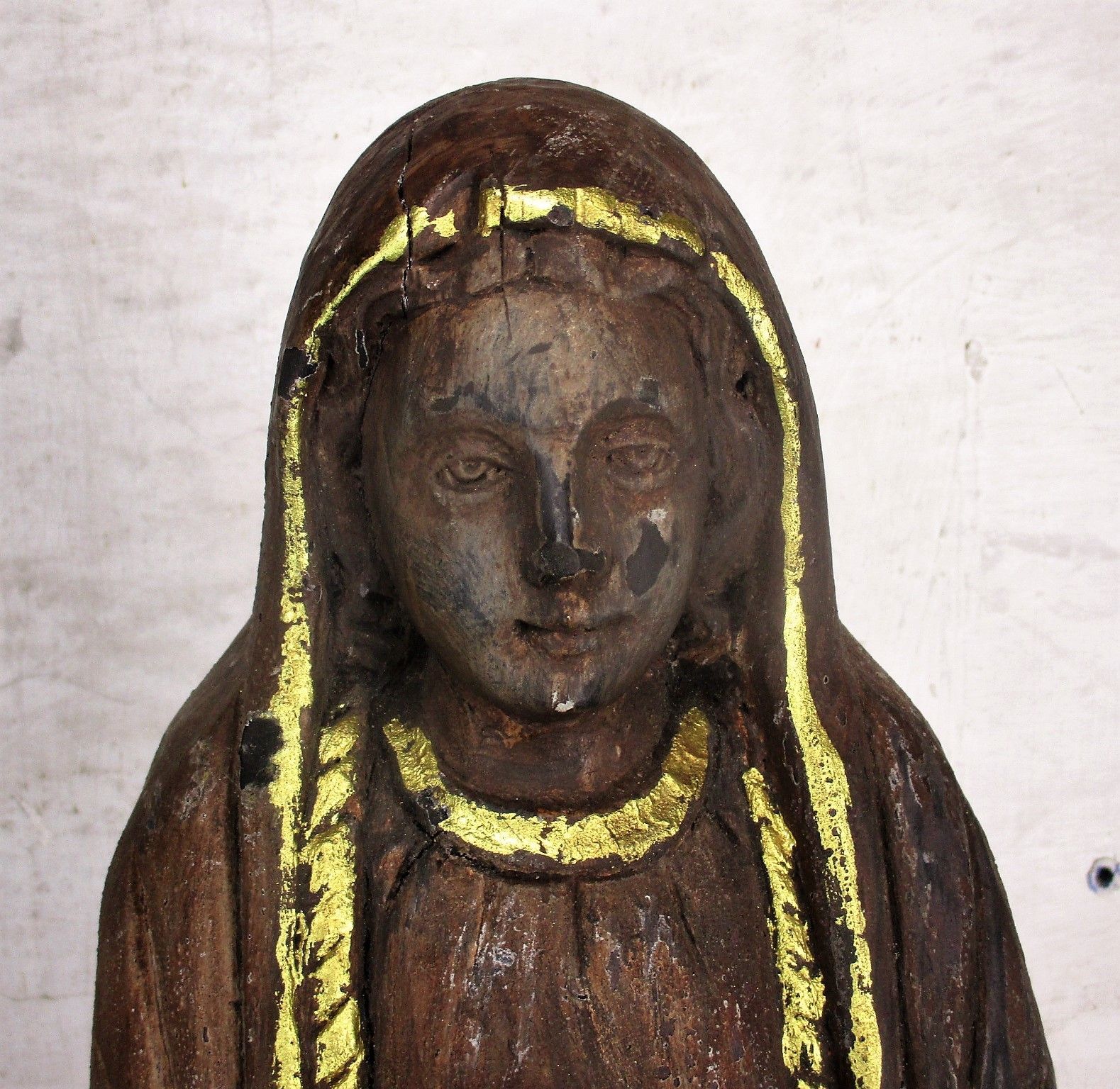 Large Hand Carved Wooden Statue Woman Nun Saint Praying Gold Touches Folk Art photo furniture