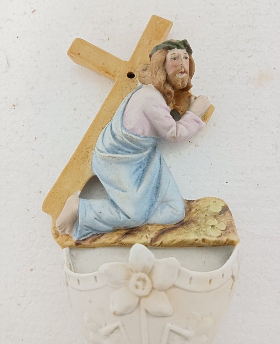 Beautiful Antique Porcelain Holy Water Font Porcelain Jesus Carrying The Cross P photo for sale