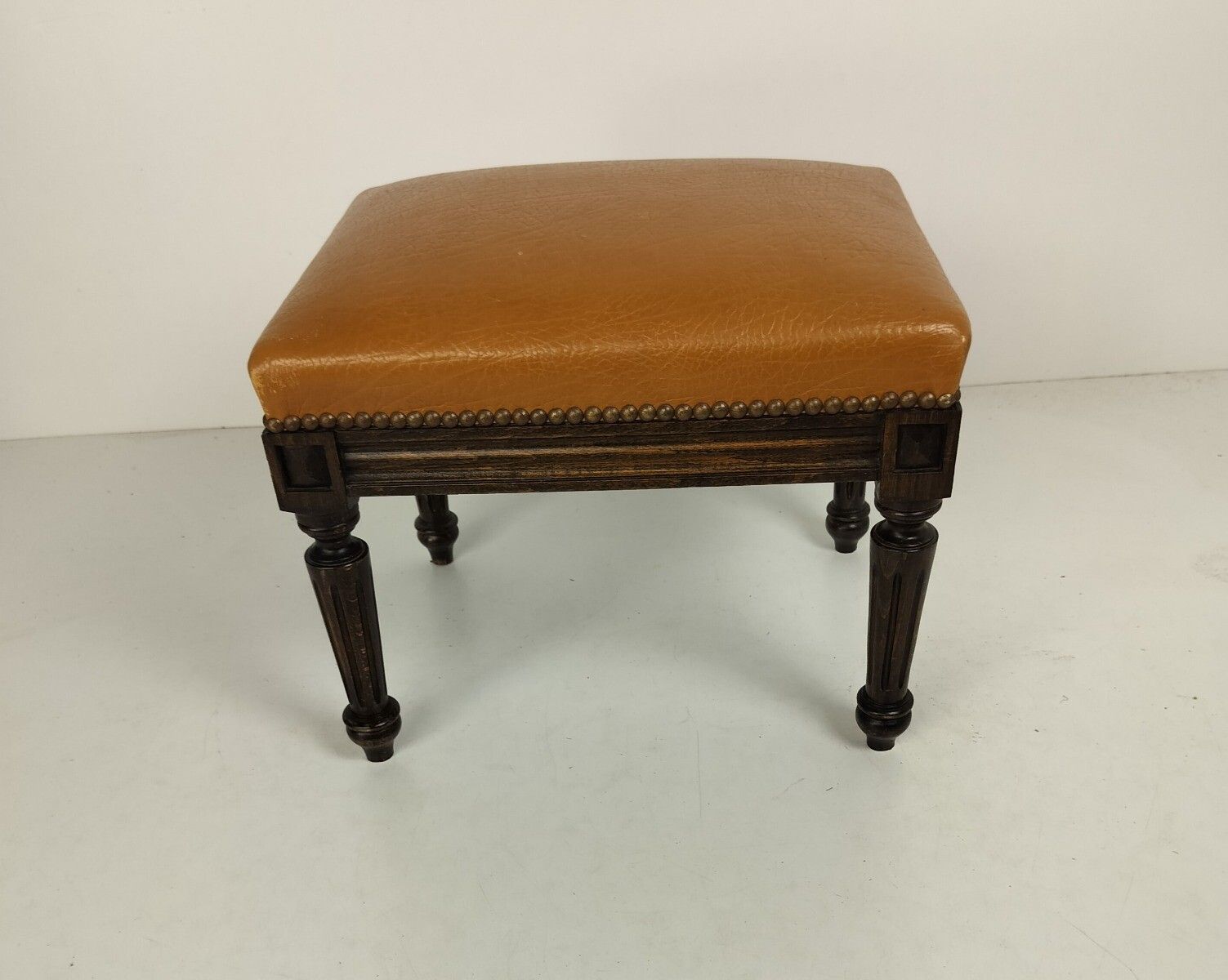 Vintage Modernist Footstool Foot Rest Ottoman Faux Leather Hobnails Wood photo furniture