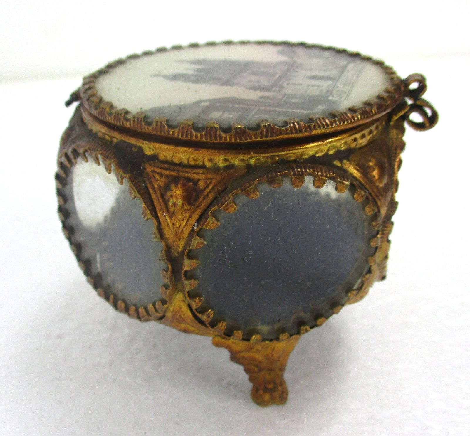 Brass Ornate  Glass Relic Jewelry Box Gorgeous Saint Hubert Church photo for sale