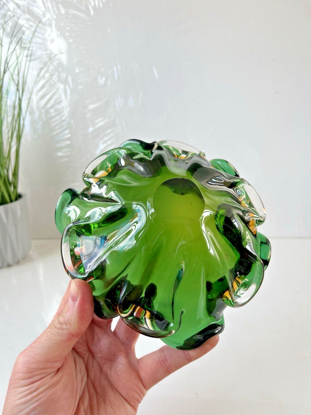 Mid Century Murano Sommerso Green Amber Clear Glass Ashtray Bowl Geode Vintage photo furniture