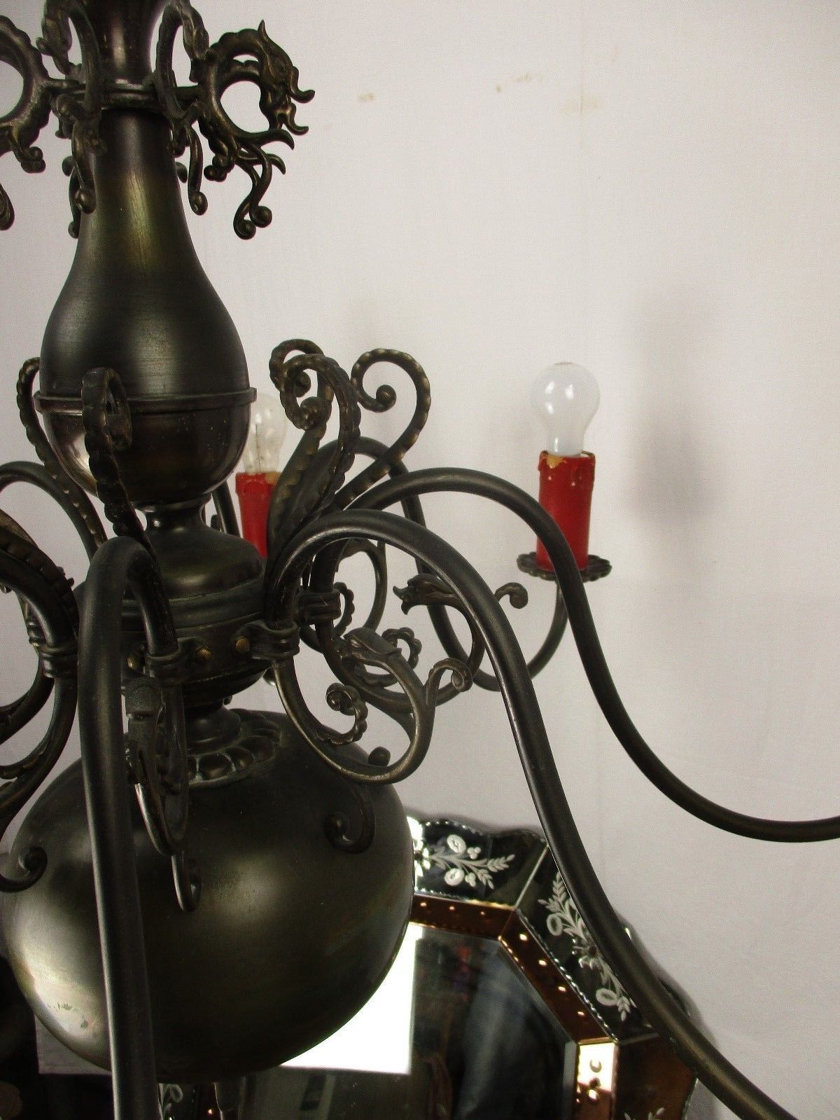 photo for sale Impressive Huge Gothic Castle Chandelier Ornate Dragons 8 Arm Brass Flanders