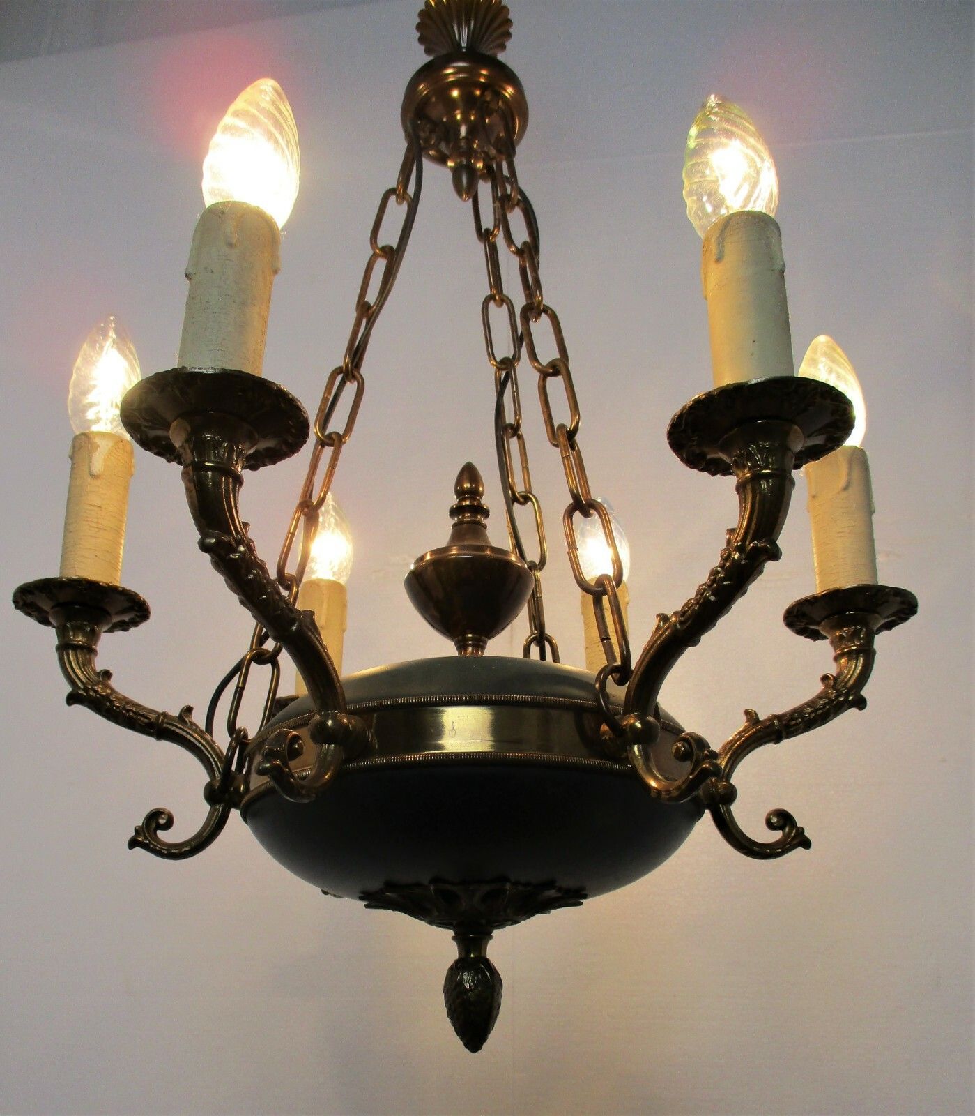 photo for sale French Empire  Chandelier Green Tole Brass 6 Arms Hollywood Regency Beautiful